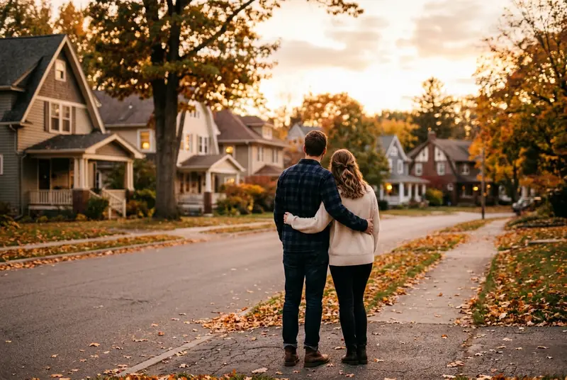 A couple seen from behind on a quiet tree-lined American residential street at golden hour