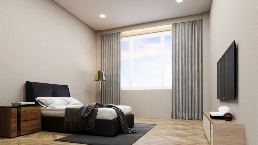 Project rendering of a planned resident suite bedroom