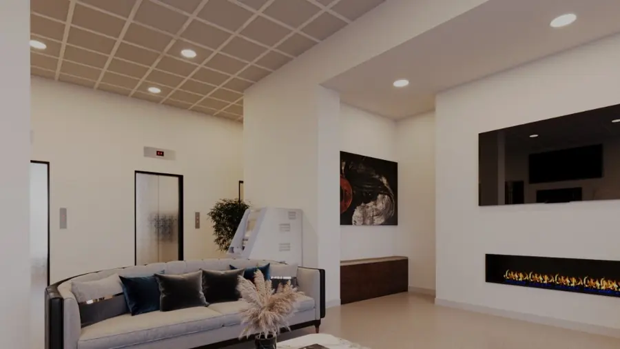 Project rendering of the planned lounge with fireplace