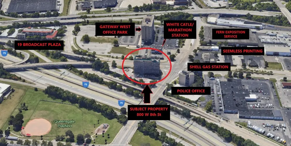Aerial map highlighting the subject property at 800 W 8th St, Cincinnati