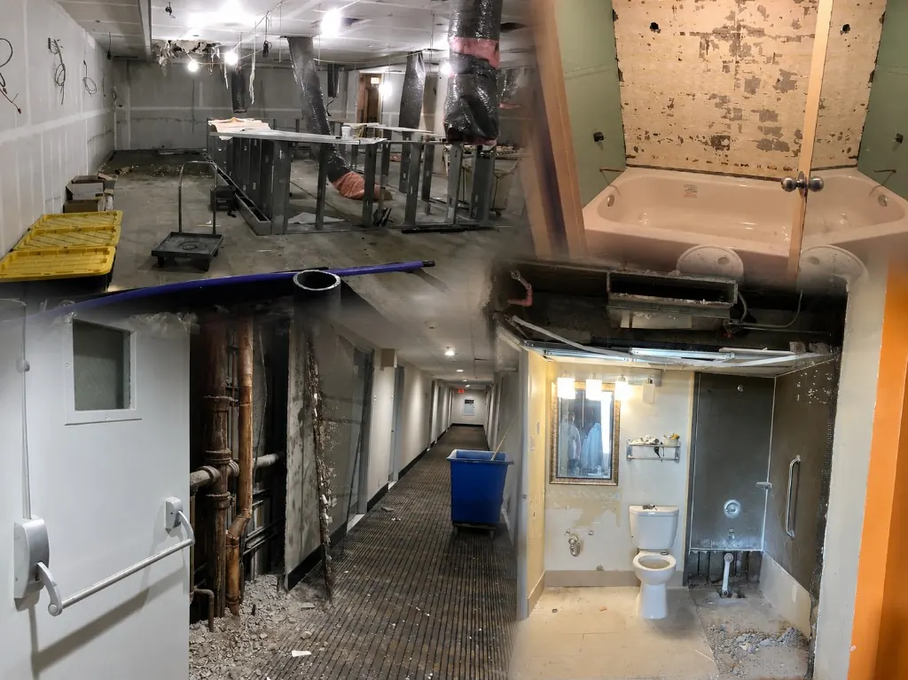 Collage of interior renovation and construction progress at the existing property